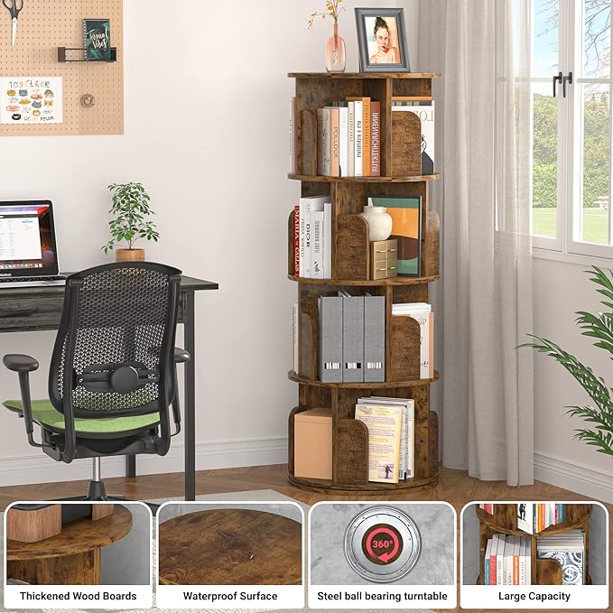 Aheaplus Rotating Bookshelf, Small Corner Bookshelf for Small Space, 360 Display 4 Tier Floor Standing Bookcase Storage Rack, Wood Narrow Book Shelf Organizer for Bedroom, Living Room, Rustic Brown