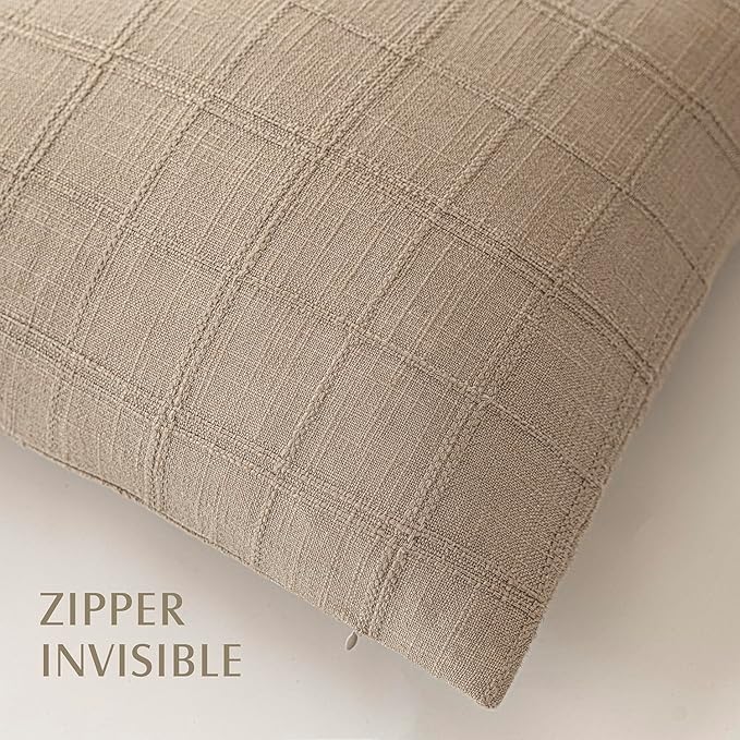 Foindtower Set of 2 Decorative Linen Check Throw Pillow Covers Neutral Farmhouse Vintage Cushion Covers Modern Coastal Boho Home Decor For Sofa Chair Couch Bedroom Living Room Outdoor,16×16 Inch,Camel