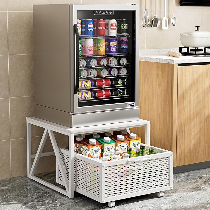 Urban Deco Mini Fridge Stand with Storage, Heavy Duty Fridge Cart with Drawer Basket, Mini Refrigerator Table for 220 LBS, Mobile Fridge Stand with Swivel Wheels for Dorm,Office,Home,White