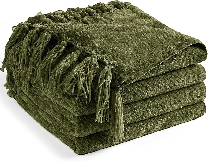 Chenille Throw Blanket for Couch 60"X 80" Twin, Soft Cozy Throws with Fringe Tassel for Bed Sofa Chair Cover, Lightweight Knitted Decorative Boho Blankets for Living Room, Olive Green