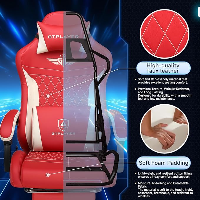 GTPLAYER Gaming Chair, Video Game Chairs with Footrest and Lumbar Support, Computer Chair for Adults with Extended Backrest, Ergonomic Reclining Silla Gamer, PU-Leather, Red