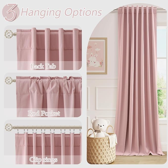 Guken Pink 100% Blackout Linen Curtains 102 Inch 2 Panels Set - Image 6