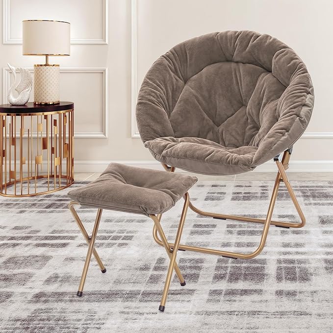 MoNiBloom Round Folding Faux Fur Saucer Chair for Bedroom Living Room Dorm Foldable Metal Frame Oversized Large Comfy Furry Padded Soft Cozy Moon Chair with Footrest Ottoman for Adults (Beige)