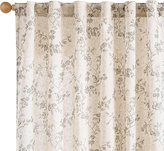Lazzzy Farmhouse Linen Curtains Gray Floral Curtains 96 Inch Long Back Tab by Lazzzy