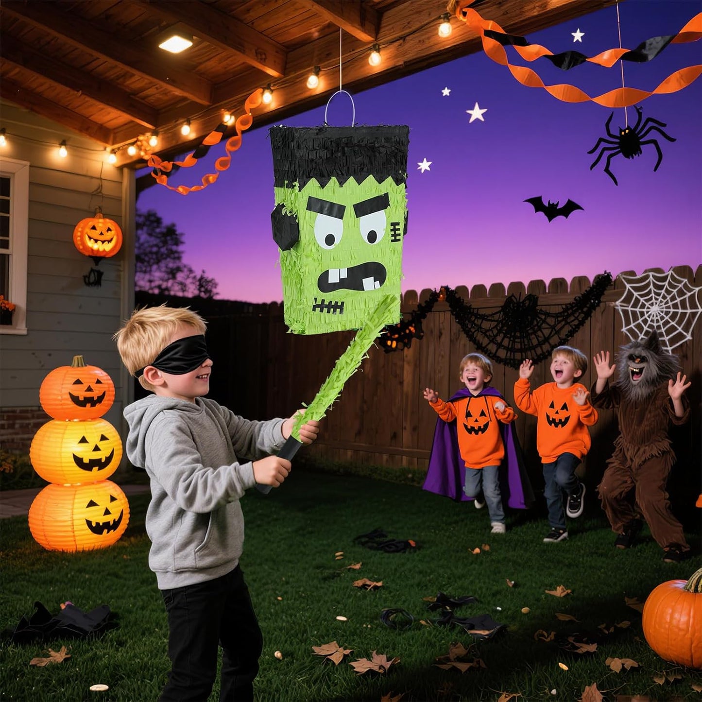 Halloween Frankenstein Pinatas Bundle with a Blindfold and Bat (16x12.5x4 Inches), Halloween Parties Supplies Game and Decoration