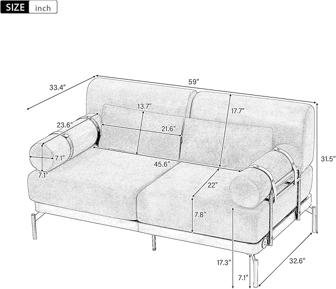 Modern Loveseat Sofa 59" Sofa Couch 2-Seater Sofa with Flexible USB Ports, Unique Cylindrical Armrests for Living Room, Grey