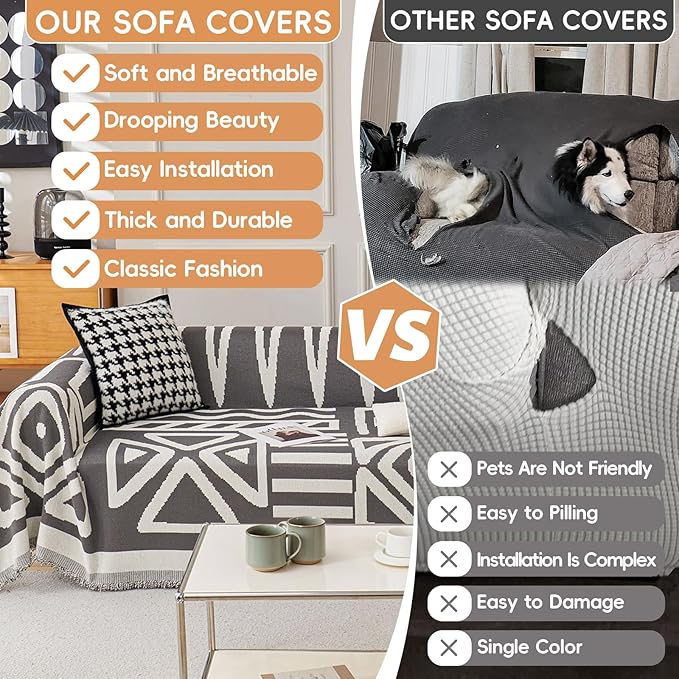 STACYPIK Boho Dark Grey Couch Cover, Soft Reversible Chenille Sofa Cover for Dog, Anti-Slip Pet Protector for 3 Cushion Couch, Washable Loveseat Couch Cover for Sectional, Decorative Blanket-71X134IN