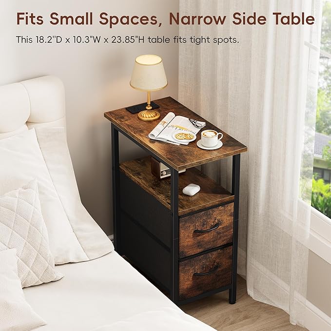Vagusicc Nightstand with Charging Station and LED Lights, Narrow Side Table, LED Night Stand with 2 Fabric Drawers, Bedside Table with USB Ports and Outlets, Tall Nightstand for Bedroom, Rustic Brown