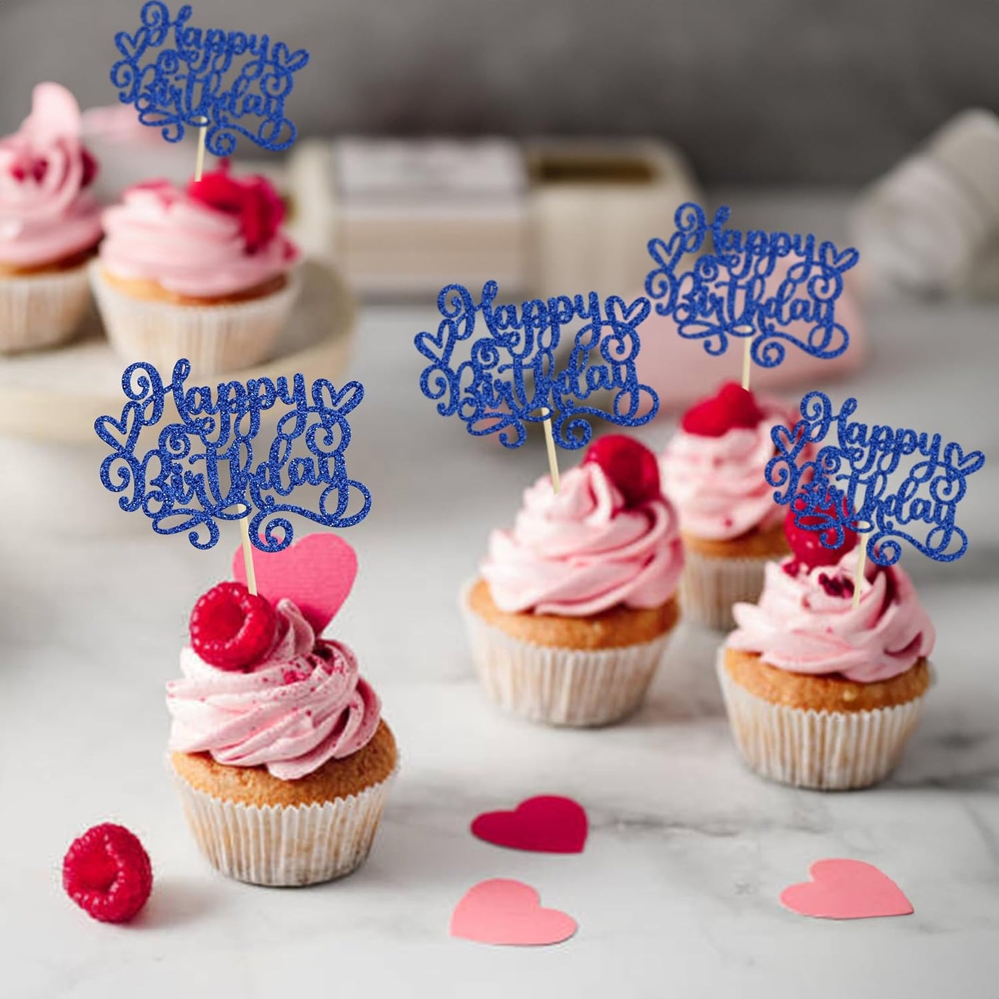 Gyufise 24Pcs Happy Birthday Cupcake Toppers Glitter Happy Birthday Cupcake Picks for Celebrating Happy Birthday Party Decor Anniversary Theme Party Cake Decorations Supplies Dark Blue