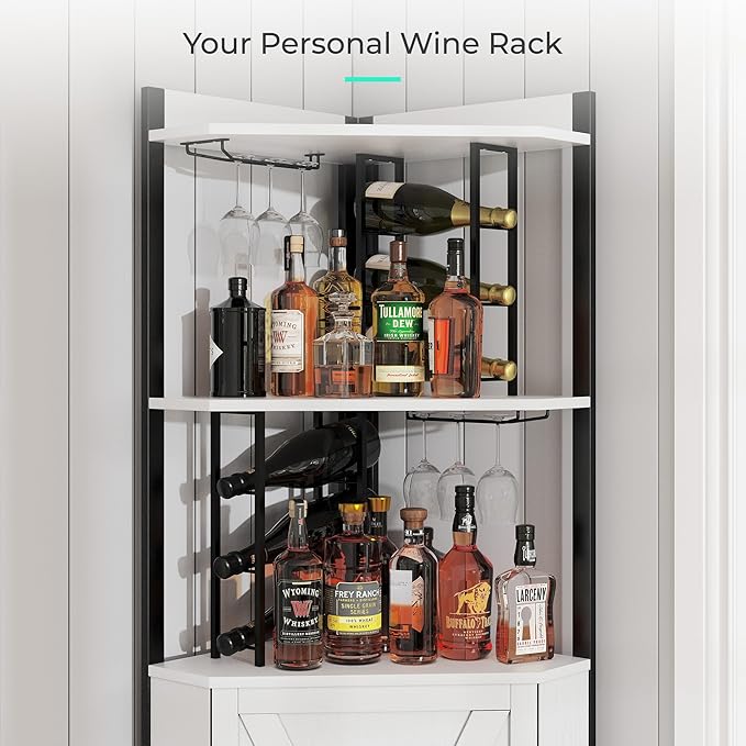 63” Tall Corner Bar Cabinet, Farmhouse Liquor Cabinet with Wine Rack (Holds 50+ Bottles), Glass Holder, Adjustable Shelves & Barn Door, Home Bar for Living Room/Kitchen, Ivory White