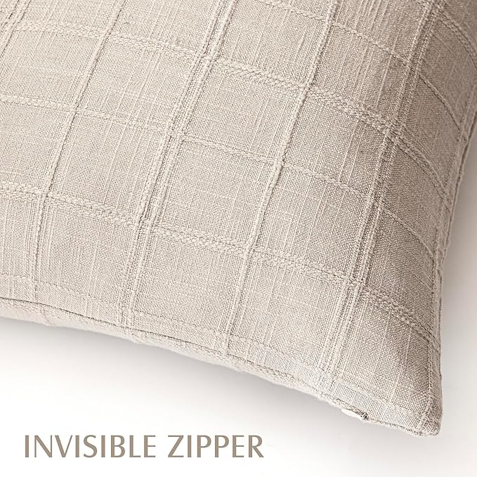 Foindtower Set of 2 Decorative Linen Check Throw Pillow Covers Neutral Farmhouse Vintage Cushion Covers Modern Boho Home Decor For Sofa Chair Couch Bedroom Living Room Outdoor,26×26 Inch,Natural Linen