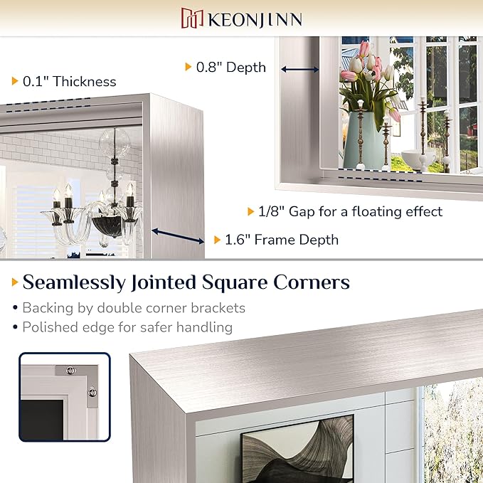 Keonjinn 40 x 24 in Brushed Nickel Bathroom Mirror for Wall, Silver Rectangular Metal Framed Vanity Mirror for Bathroom Sink Square Corner Aluminum Alloy Modern Rectangle Mirror(Horizontal/Vertical)