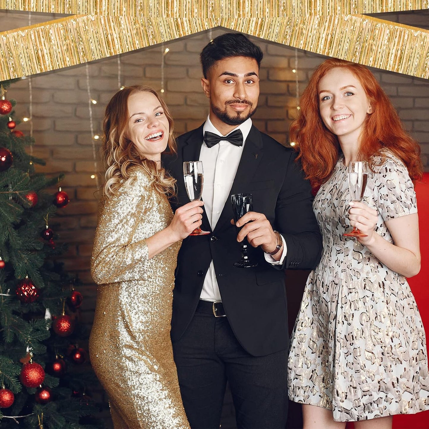 10 Pack 10 Feet Foil Fringe Garland Metallic Tinsel Streamers Banner Wall Hanging Curtain Backdrop for Parade Floats, Wedding, Disco, Birthday, Halloween, Christmas Party Decorations(Champagne Gold)