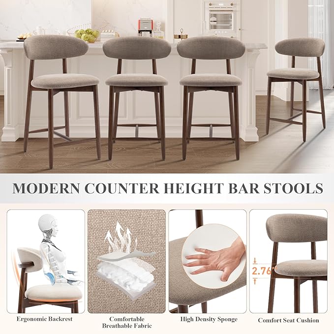 COLAMY Counter Height Bar Stools Set of 2, Kitchen Bar Stools with Back, Mid Century Modern Upholstered, with Wood Legs for Kitchen Island Dining Room, Camel