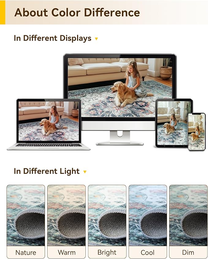 Area Rugs 6'x9' Washable Non-Slip, Floral Vintage Distress Print Pattern - Image 7