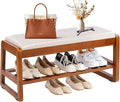Shoe Bench Storage Rubberwood with Leather Cushion 31.5", Waterproof Easy to Clean 550LBS Organizer Shoe Rack for Entryway, Hallway, Mudroom, Front Door
