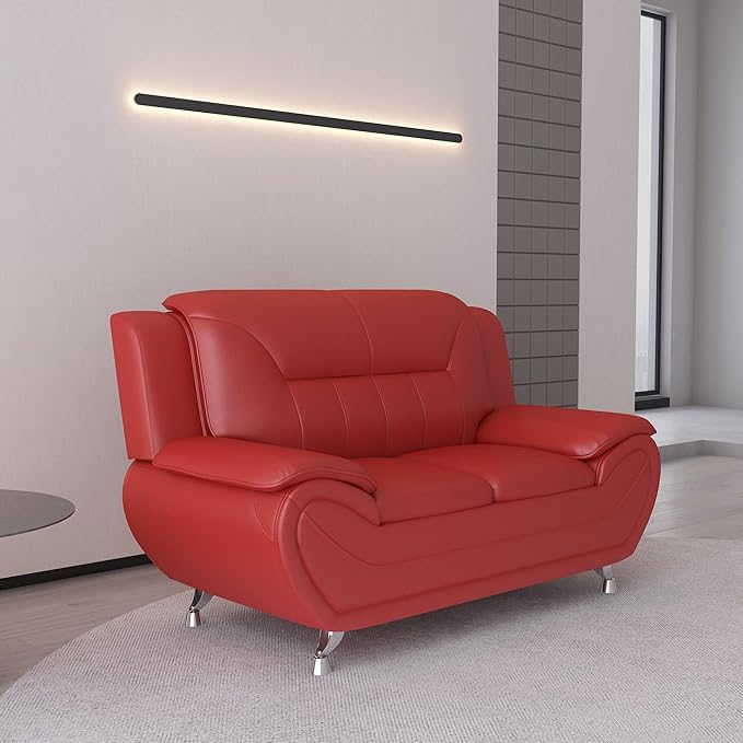 Container Furniture Direct Michael Modern Faux Leather Upholstered Stainless Steel Legs Living Room Sofa, Loveseat, Red