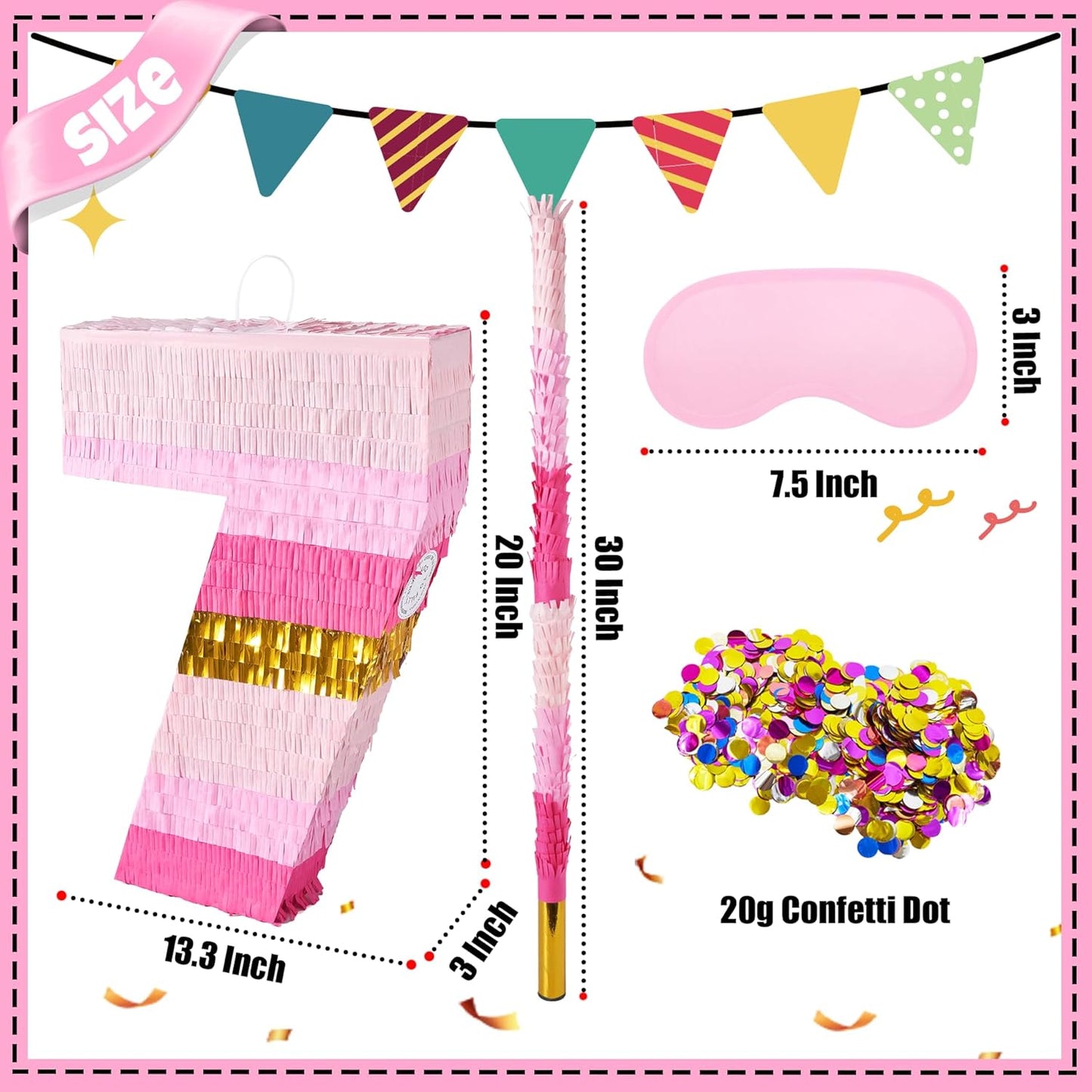 PCFING 20 Inch Number 7 Piñata Pink Gold with 30 Inch Piñata Stick Blindfold Confetti for Boys Girls Adults Birthday Party Decorations, Anniversary Celebration, Fiesta