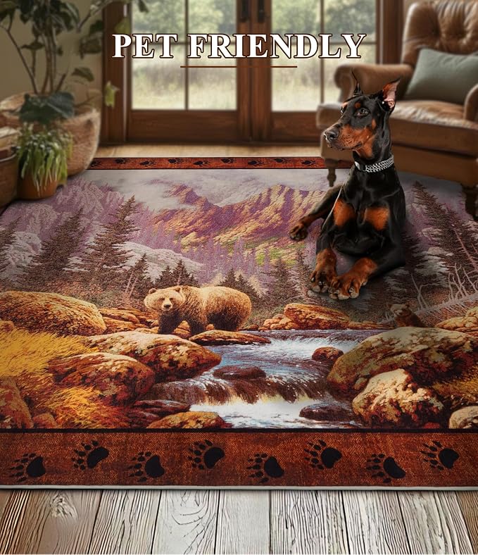 YIHOUSE Rustic Cabin Area Rug for Bedroom 5x7, Machine Washable Woodland Bear - Image 5
