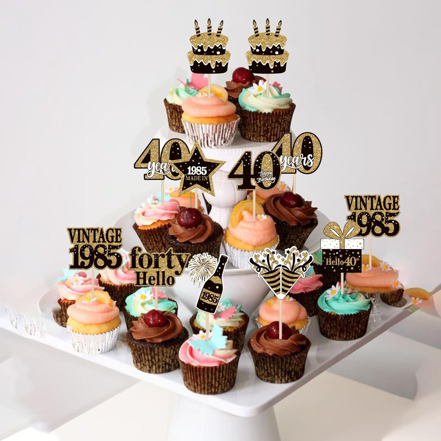 36PCS Happy 40th Birthday Cupcake Toppers Double Sided Black Gold Forty Hello 40 Vintage 1985 Cupcake Picks Cheers to 40 Years 40 Fabulous Cake Decorations for 40th Birthday Party Supplies