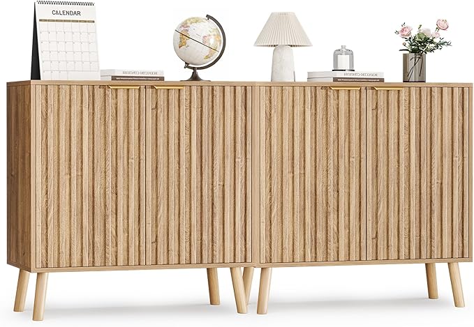 Pamapic Fluted Storage Cabinet, Sideboard Buffet Cabinet with Storage, Wood Credenza with Adjustable Shelves, Modern Accent Cabinet for Living Room, Kitchen, Entryway, Natural(2, Oak)