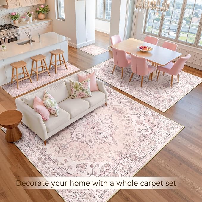 Area Rugs 8'x10' Washable Non-Slip, Floral Vintage Distress Print Pattern - Image 9
