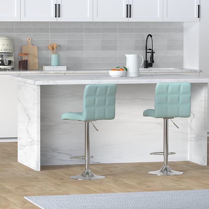 Leopard Modern Square PU Leather Adjustable Bar Stools with Back, Square Back Bar Stools Set of 2,Counter Height Swivel Stool (Mint Green)