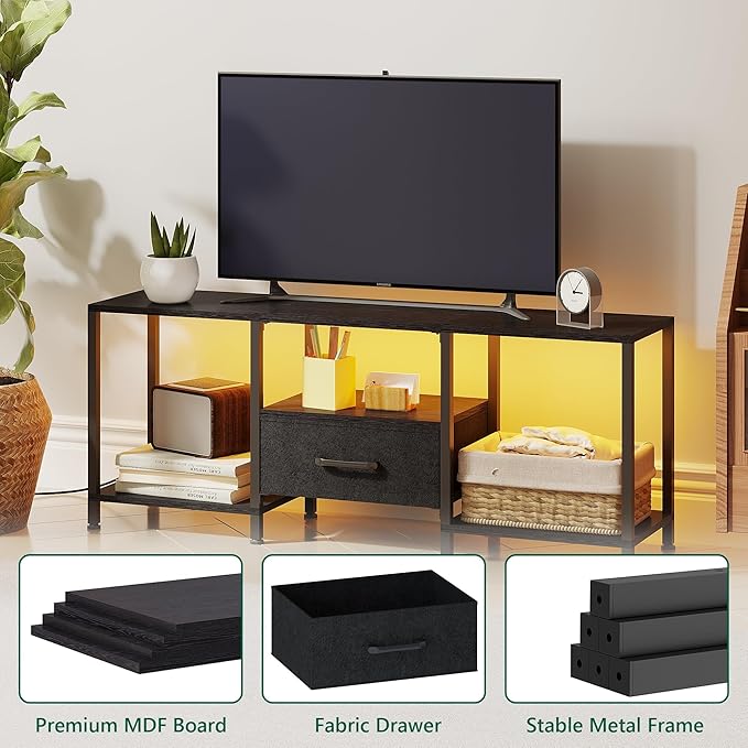 TV Stand with LED Lights, Entertainment Center with Open Shelves and Fabric Drawer, Media Console for 55 Inch TV, Television Stands for Living Room, Bedroom, Black