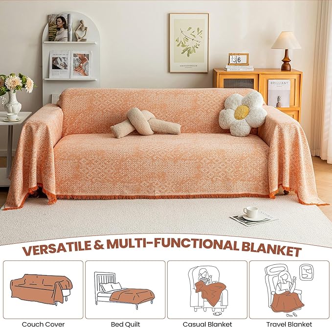 STACYPIK Boho Sofa Cover for Pets, Orange Geometric Couch Cover for 3 Cushion Sofa, Washable Dogs Protector for Living Room, Anti-Slip Sectional Covers for Loveseat with Tassel Throw Blanket-71X150IN