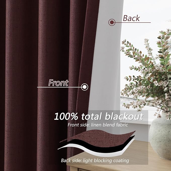 Guken Reddish Brown 100% Blackout Linen Curtains 120 Inch Length 2 Panels Set - Image 5