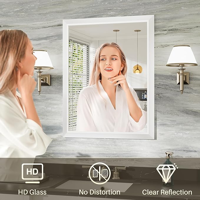 24x32 Inch White Bathroom Mirror for Wall, Thick Metal Framed Rectangle Mirrors for Over Sink, Bedroom, Living Room, Entryway, Anti-Rust, HD Tempered Glass