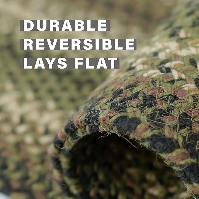 Homespice Pinecone Rustic Braided Rugs 20x30 - Oval Green Kitchen Rug of Jute for Country Decor
