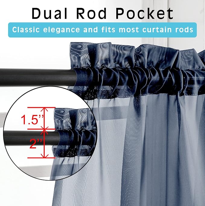 OWENIE Navy Blue Sheer Curtains 72 Inches Long 2 Panels, Transparent Voile - Image 2