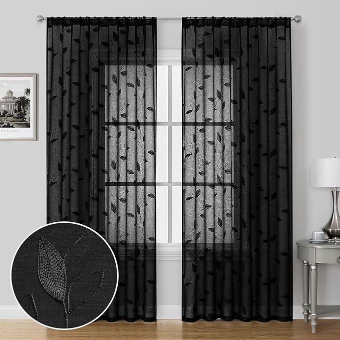 HOMEIDEAS Black Sheer Curtains 52 X 84 Inches Length 2 Panels Black Embroidered - Image 2