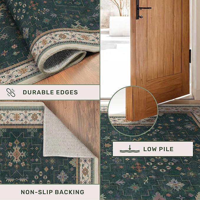 Dark Green Oushak 2x4 Entryway Rug - Modern Vintage Boho Eclectic Floral Pastel, Washable Low Pile Non-Slip Small Throw Area Rugs for Door Mat Indoor Entrance, Kitchen, Bathroom, Bedroom, Laundry