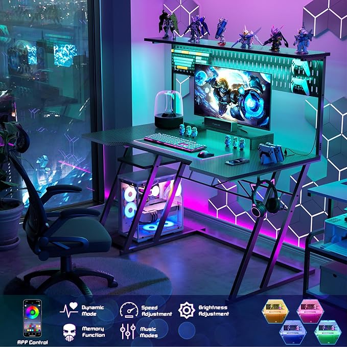 Gaming Computer Desk with Shelves and Outlets, Gaming Desk with Hutch and LED Lights, Reversible PC Gaming Desks with Pegboard, Carbon Fiber Black 47''