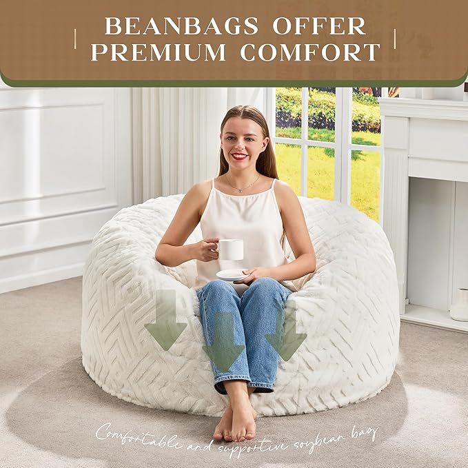 Hobestluk Bean Bag Chairs Adults Beanbag Chair with Filler Large Bean Bags with Fluffy Embossed Cover, Giant Bean Bag Chairs for Adults (White, 3FT - 36” x 36” x 22”)
