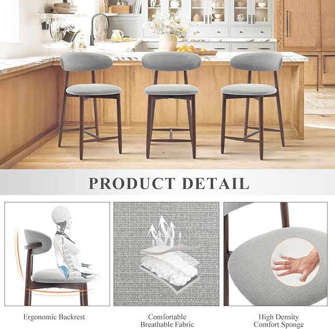 COLAMY Bar Stools Set of 4, Counter Height Bar Stools, Upholstered Counter Stools with Wood Legs for Kitchen Island Dining Room Bar, Light Grey
