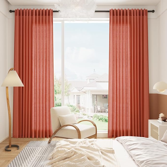 Coral Linen Curtains 102 Inches Long 2 Panel Set Back Tab Rod Pocket Semi Sheer - Image 8