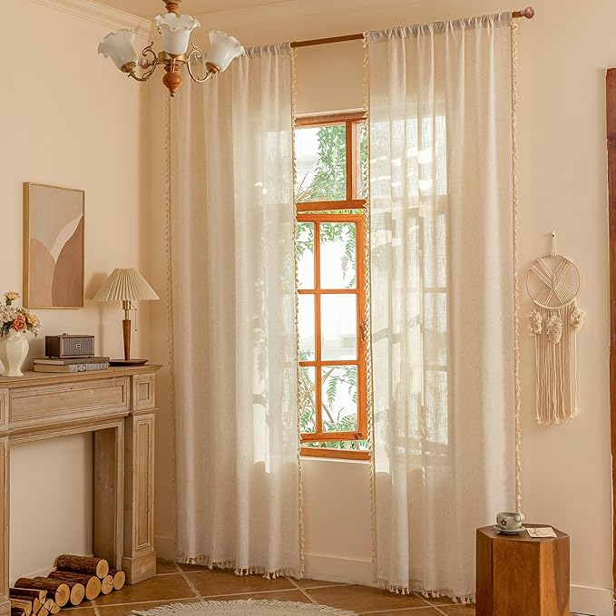 MYSKY HOME Bohemian Linen Sheer Macrame Curtains 72 Inch Length, Back Tab by MYSKYHOME