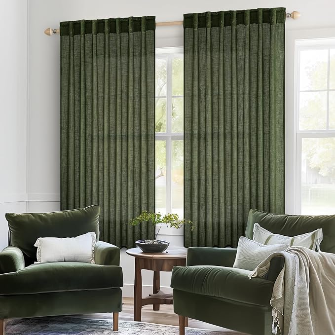 MIULEE Olive Green Short Linen Curtains 45 Inch Length 2 Panels - Image 2