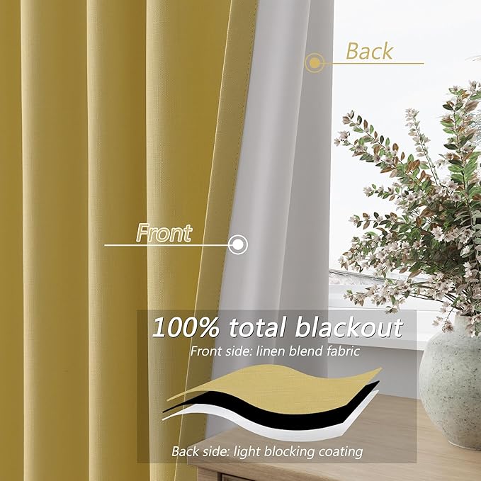 Guken Yellow 100% Blackout Linen Curtains 108 Inch Length 2 Panels Set - Image 3