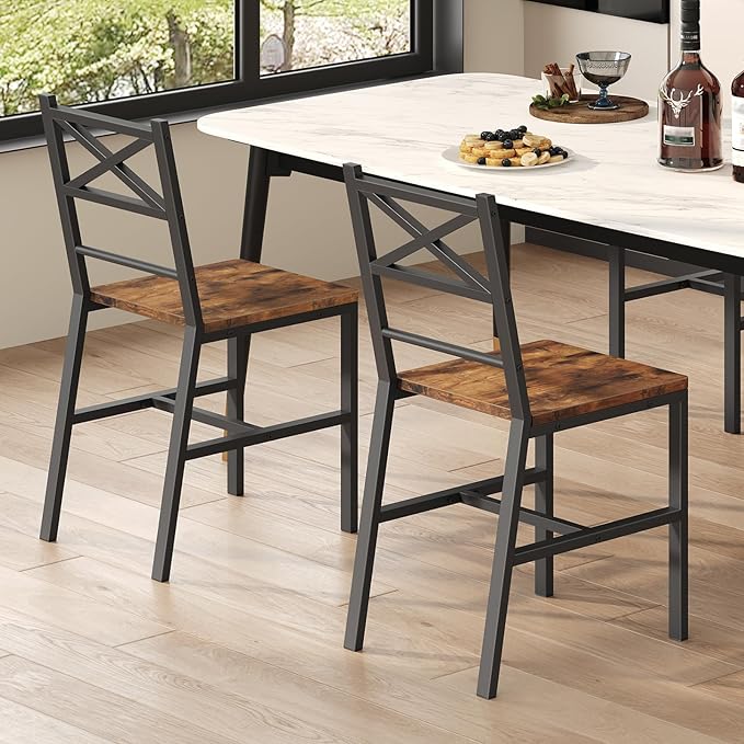 Dining Chair Set of 2, Rustic Wooden Kitchen Chairs with Backrest, Farmhouse Dining Chairs for Kitchen, Industrial Style Chair with Metal Frame, Easy Assembly, Rustic Brown TBHR1001