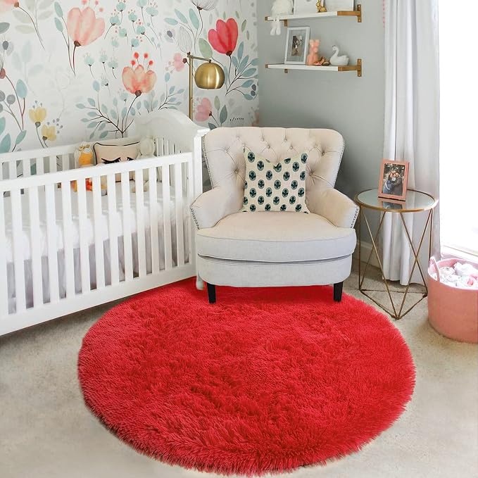 Amdrebio Red Round Rug 5Ft for Boys Bedroom, Fluffy Fuzzy Circle Area Rugs for - Image 7