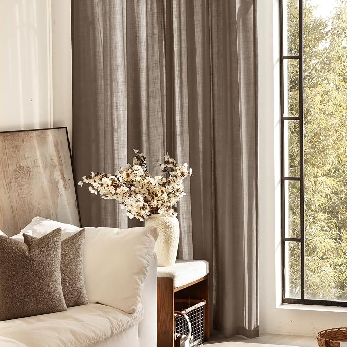Chocolate Brown Linen Curtain 90 inch Length 2 Panels Set Back Tab Light - Image 5