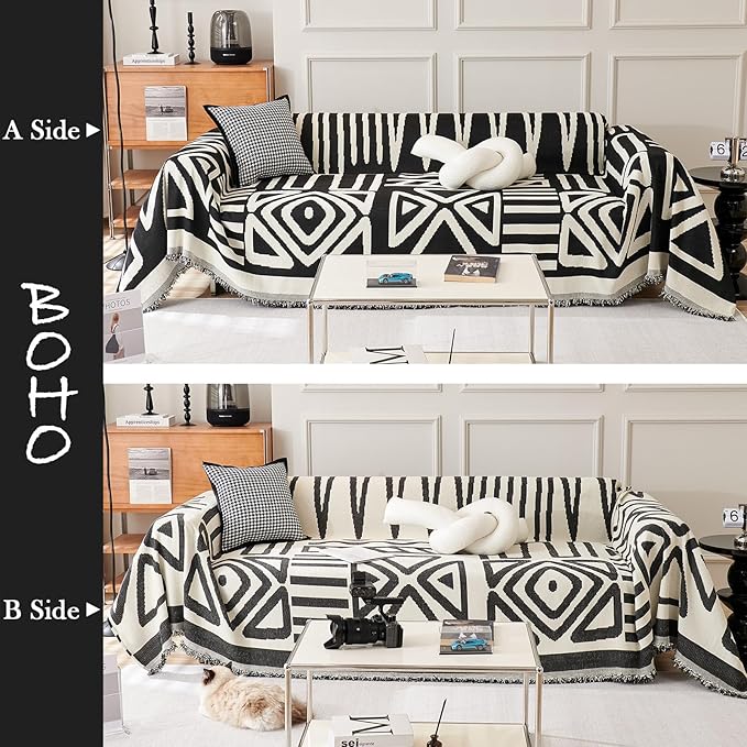 HANDONTIME Boho Armchair Slipcovers for Dogs - Black & Beige Chenille Couch & Sofa Covers for Recliner, Sectional - 59" X 71"