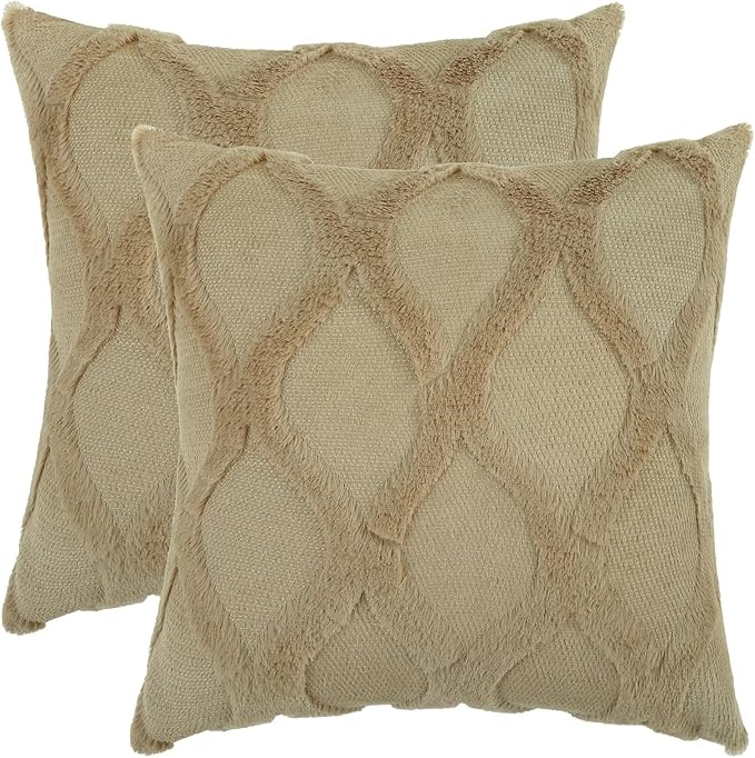 decorUhome Throw Pillow Covers 24x24 Inch Set of 2, Soft Plush Faux Fur Wool Khaki Couch Pillow Covers, Decorative Neutral Pillow Cases for Bed Sofa Living Room Home Decor