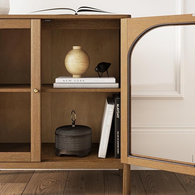 Nathan James Mason Storage Cabinet, Free Standing Accent Sideboard Buffet, Credenza with Glass Doors and Adjustable Shelf in Brushed Light Brown Wood for Dining Room, Entryway and Living Room
