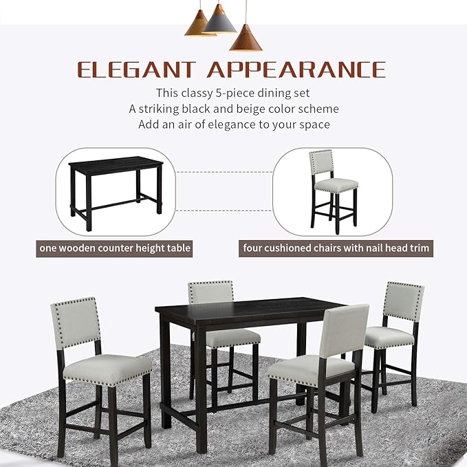 Ball & Cast 5 Piece Dining Table Set,4 Upholstered Chairs with Curved Backrests,Wooden Living Room Furniture W/ 52" Rectangle Kitchen Desk,for Restaurant,Home Bistro,Espresso and Beige