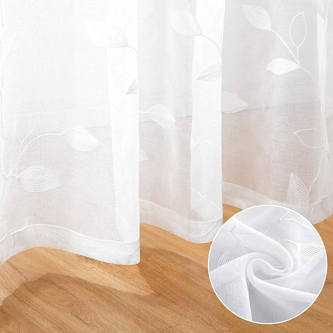 HOMEIDEAS White Sheer Curtains 52 X 63 Inches Length 2 Panels Embroidered Leaf - Image 5